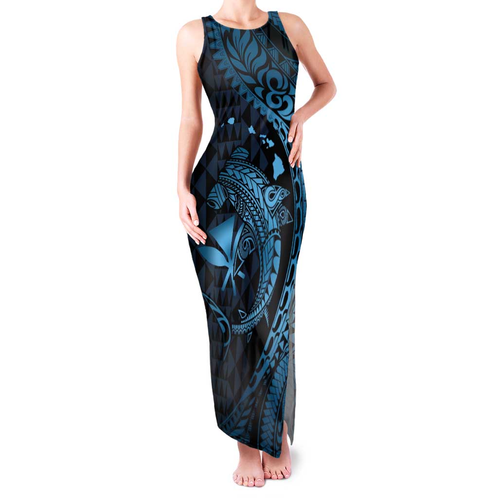 Aloha Hawaii Hammerhead Shark Family Matching Tank Maxi Dress and Hawaiian Shirt Blue Kakau and Polynesian Tattoo LT03