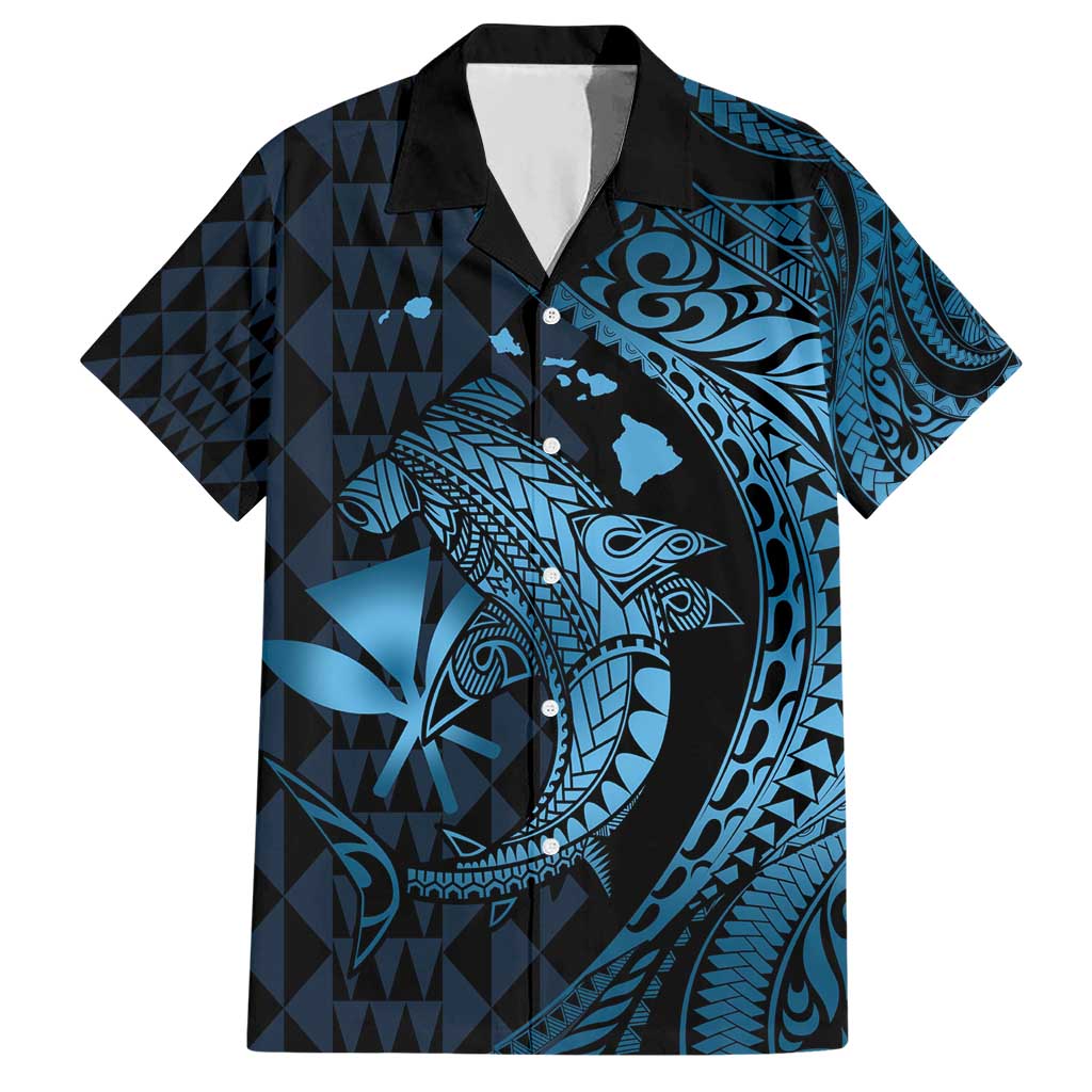 Aloha Hawaii Hammerhead Shark Hawaiian Shirt Blue Kakau and Polynesian Tattoo LT03