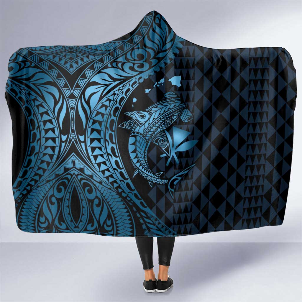 Aloha Hawaii Hammerhead Shark Hooded Blanket Blue Kakau and Polynesian Tattoo LT03 One Size Blue - Polynesian Pride