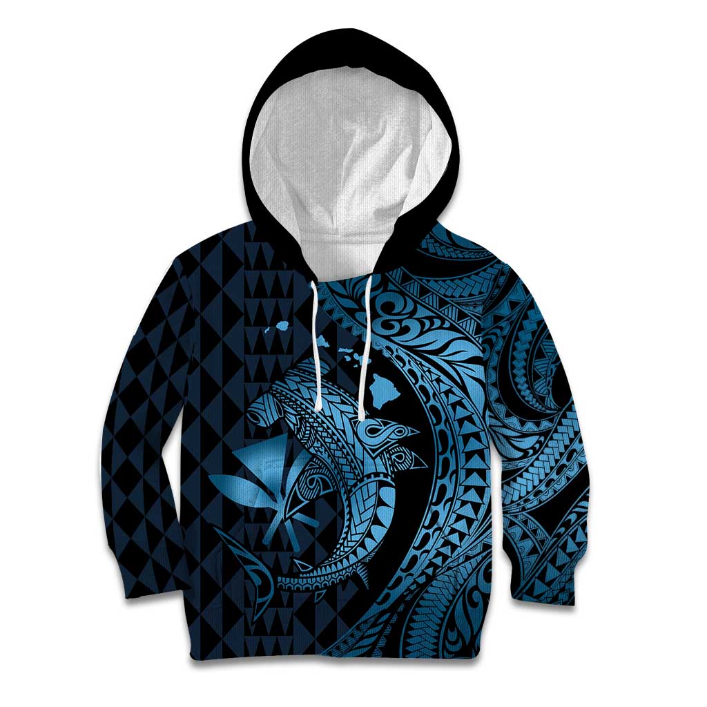 Aloha Hawaii Hammerhead Shark Kid Hoodie Blue Kakau and Polynesian Tattoo LT03