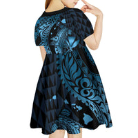 Aloha Hawaii Hammerhead Shark Kid Short Sleeve Dress Blue Kakau and Polynesian Tattoo LT03