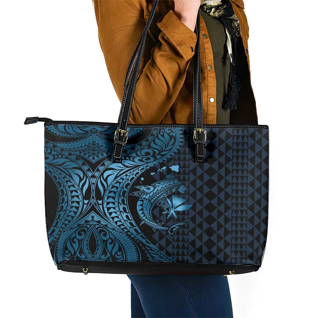 Aloha Hawaii Hammerhead Shark Leather Tote Bag Blue Kakau and Polynesian Tattoo LT03 - Polynesian Pride