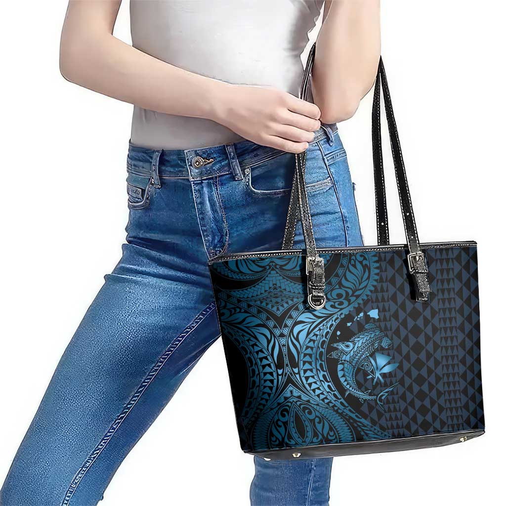 Aloha Hawaii Hammerhead Shark Leather Tote Bag Blue Kakau and Polynesian Tattoo LT03 - Polynesian Pride