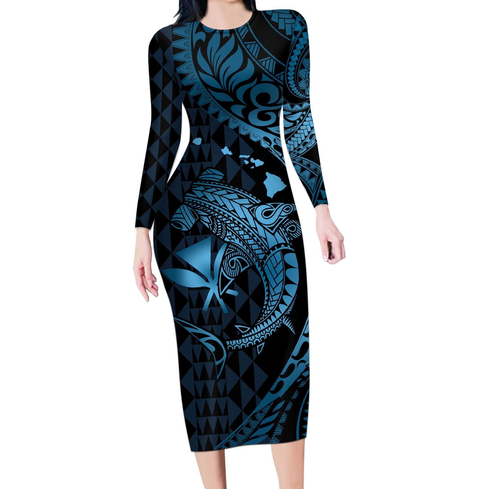 Aloha Hawaii Hammerhead Shark Long Sleeve Bodycon Dress Blue Kakau and Polynesian Tattoo LT03