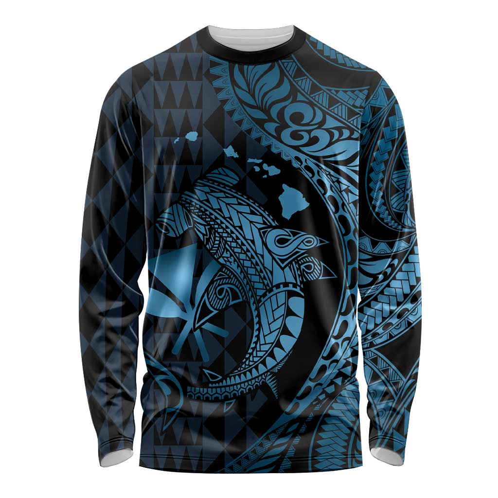 Aloha Hawaii Hammerhead Shark Long Sleeve Shirt Blue Kakau and Polynesian Tattoo LT03