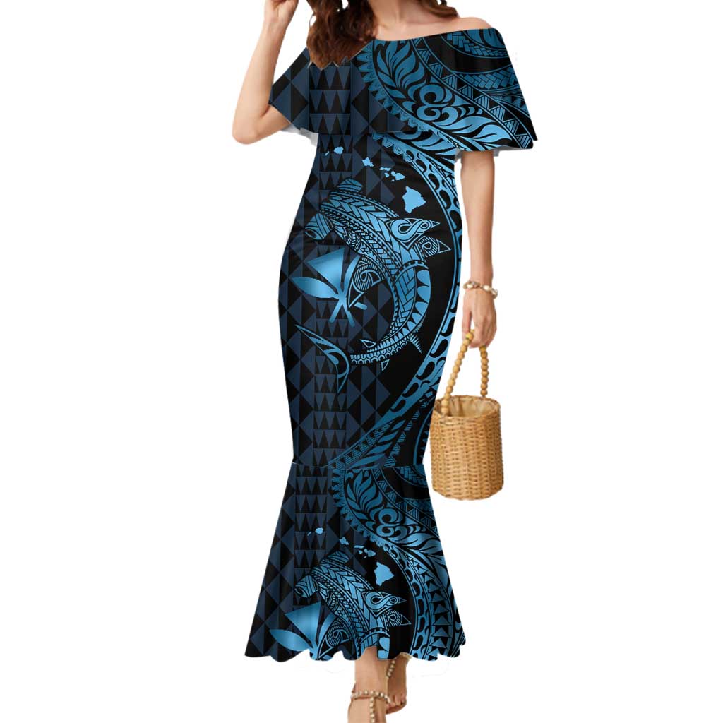 Aloha Hawaii Hammerhead Shark Mermaid Dress Blue Kakau and Polynesian Tattoo LT03