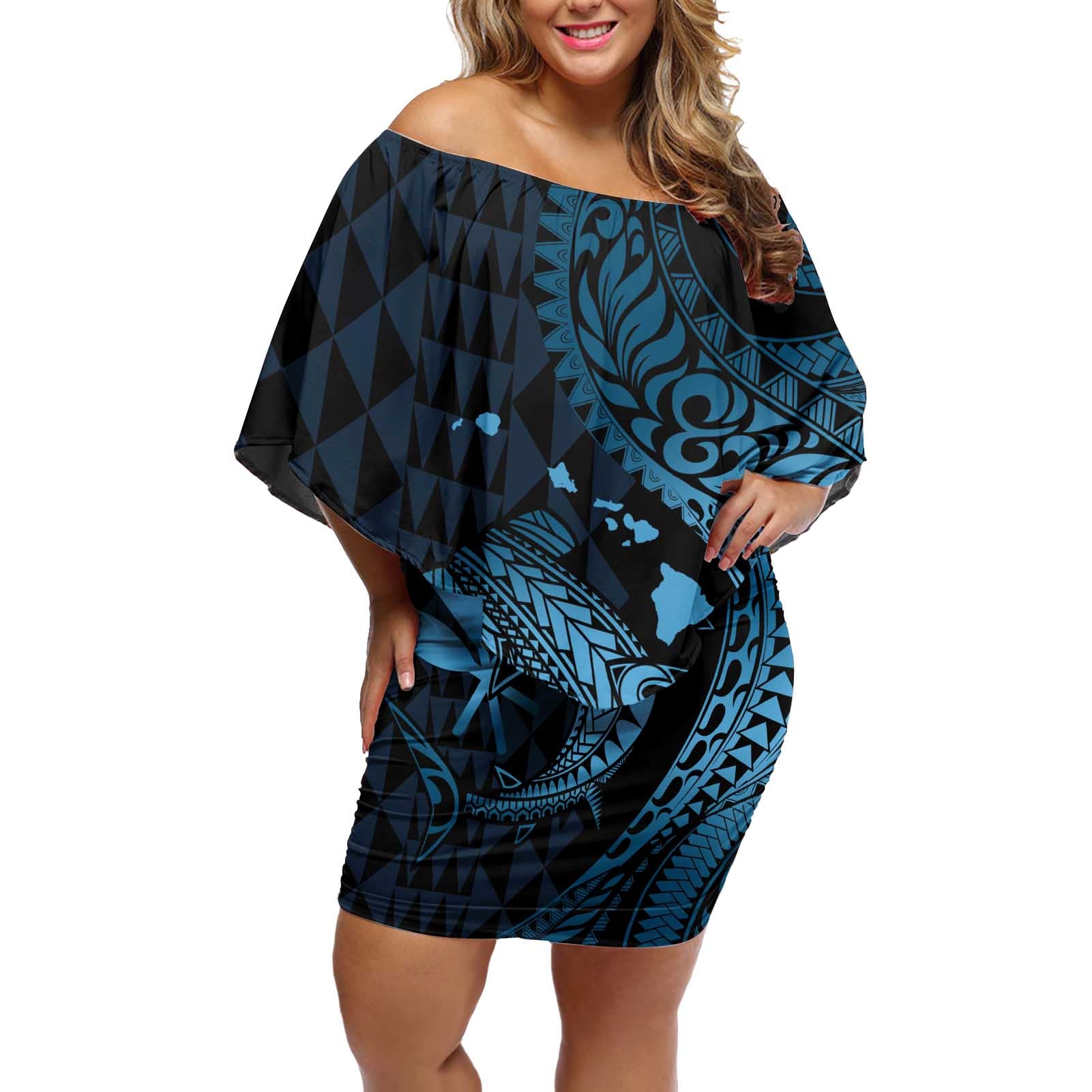 Aloha Hawaii Hammerhead Shark Off Shoulder Short Dress Blue Kakau and Polynesian Tattoo LT03