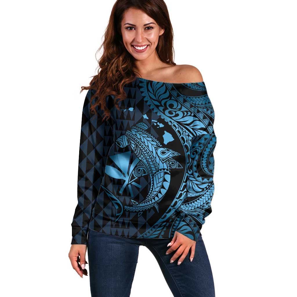 Aloha Hawaii Hammerhead Shark Off Shoulder Sweater Blue Kakau and Polynesian Tattoo LT03