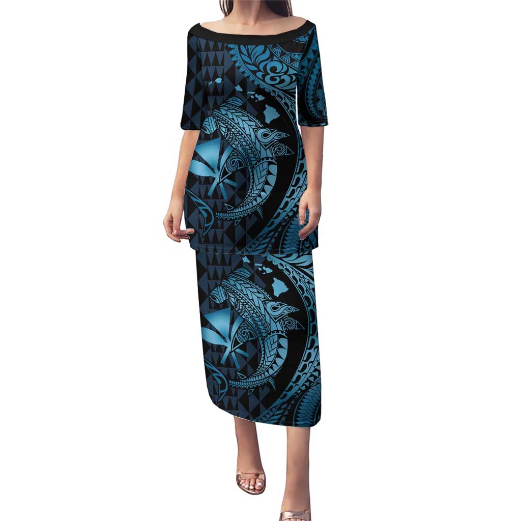 Aloha Hawaii Hammerhead Shark Puletasi Blue Kakau and Polynesian Tattoo LT03 Long Dress Blue - Polynesian Pride