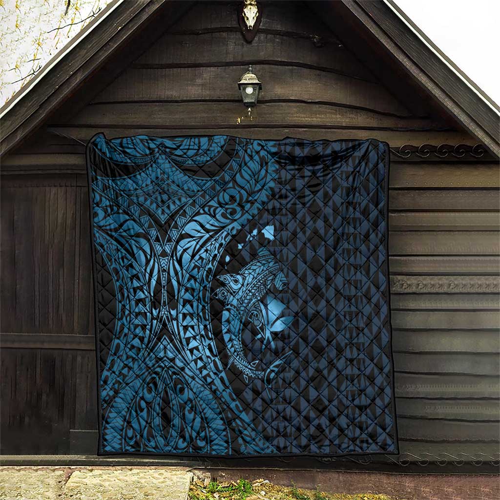 Aloha Hawaii Hammerhead Shark Quilt Blue Kakau and Polynesian Tattoo LT03