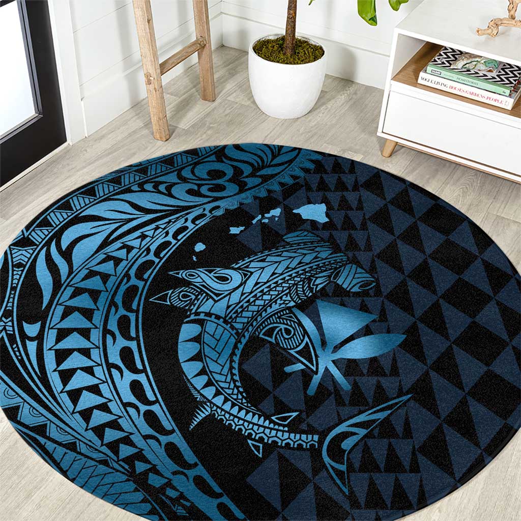 Aloha Hawaii Hammerhead Shark Round Carpet Blue Kakau and Polynesian Tattoo LT03