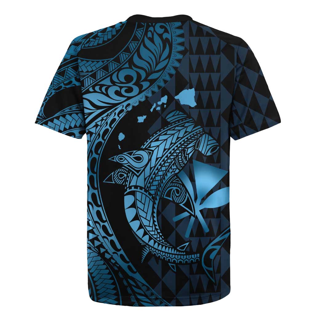 Aloha Hawaii Hammerhead Shark Rugby Jersey Blue Kakau and Polynesian Tattoo LT03 - Polynesian Pride