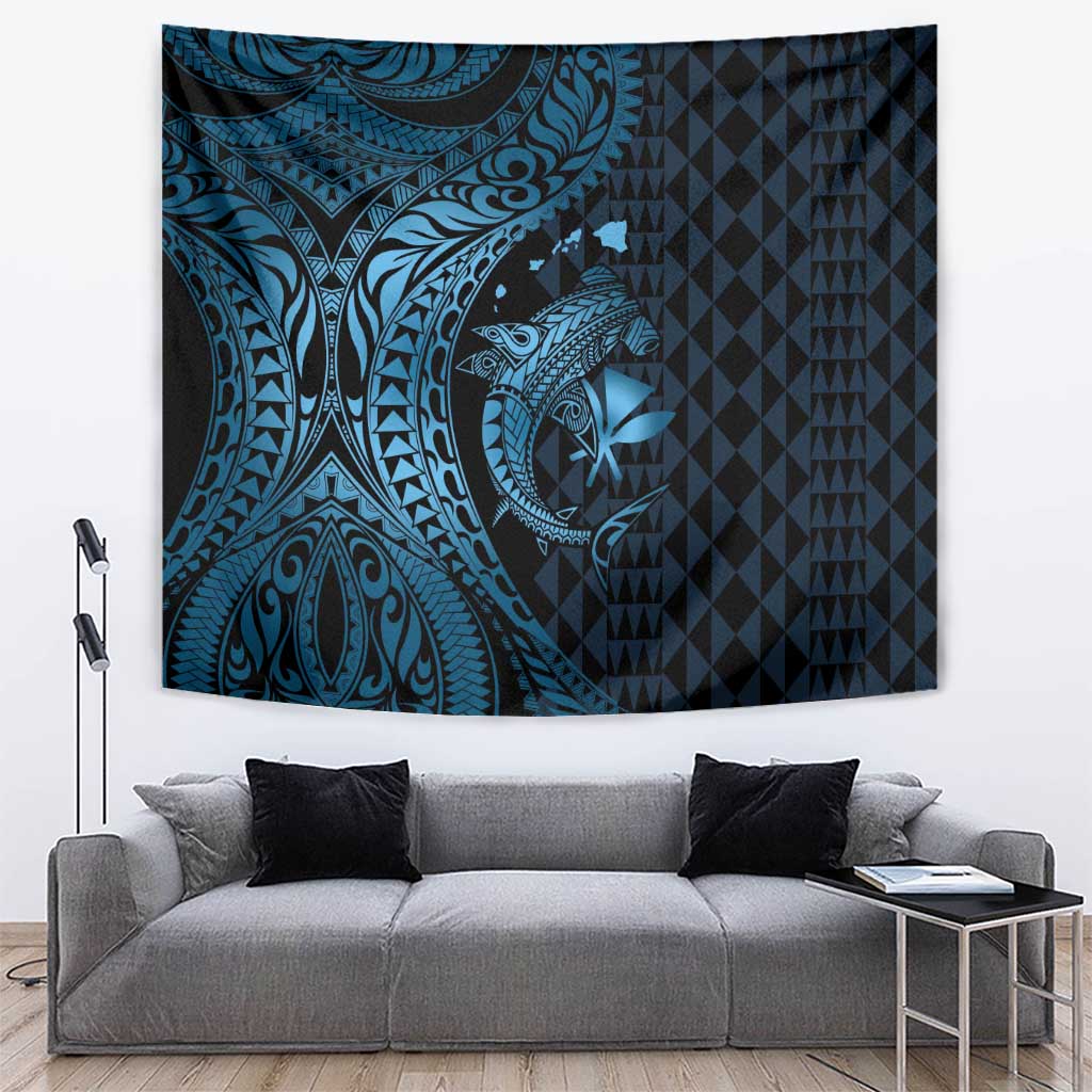 Aloha Hawaii Hammerhead Shark Tapestry Blue Kakau and Polynesian Tattoo LT03