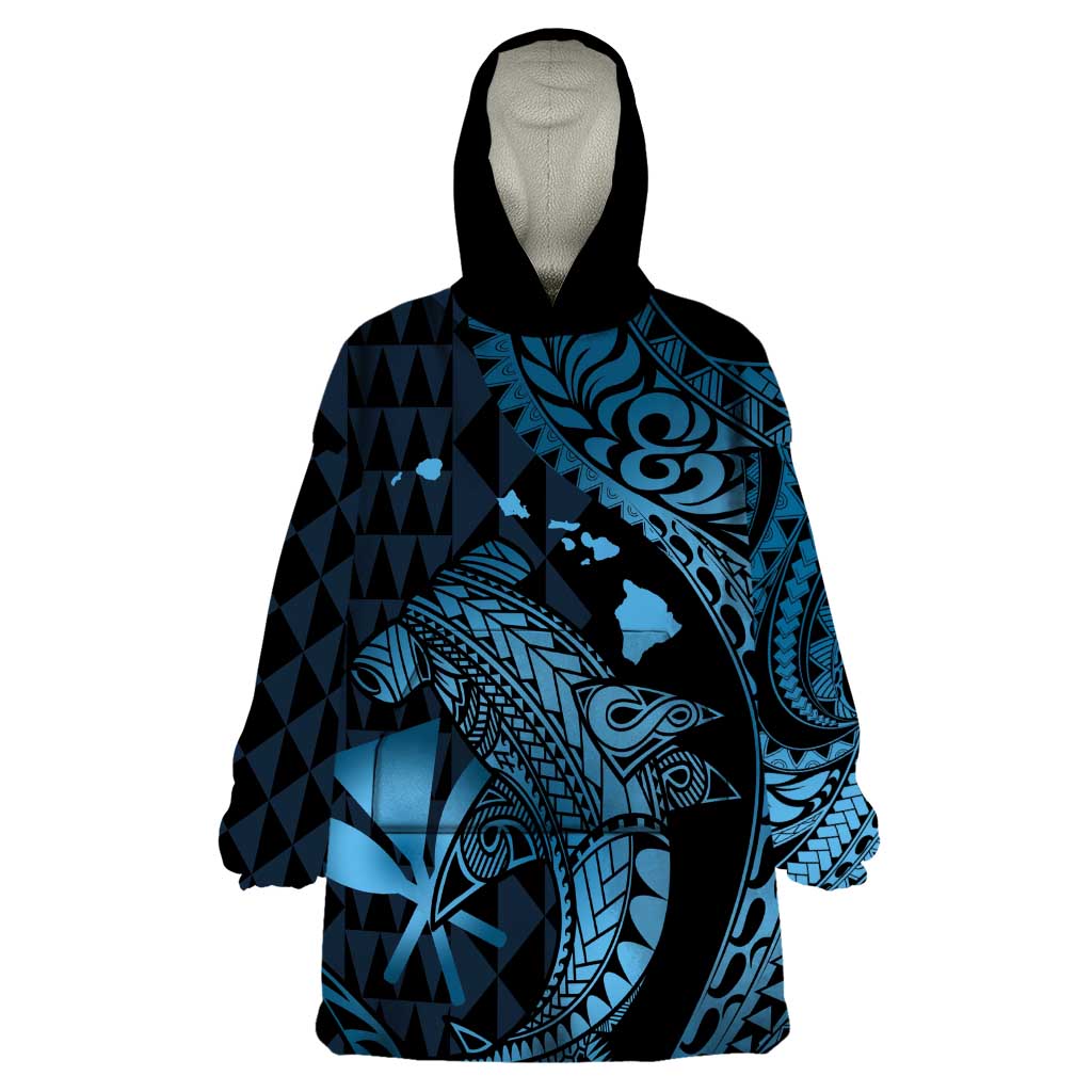 Aloha Hawaii Hammerhead Shark Wearable Blanket Hoodie Blue Kakau and Polynesian Tattoo LT03