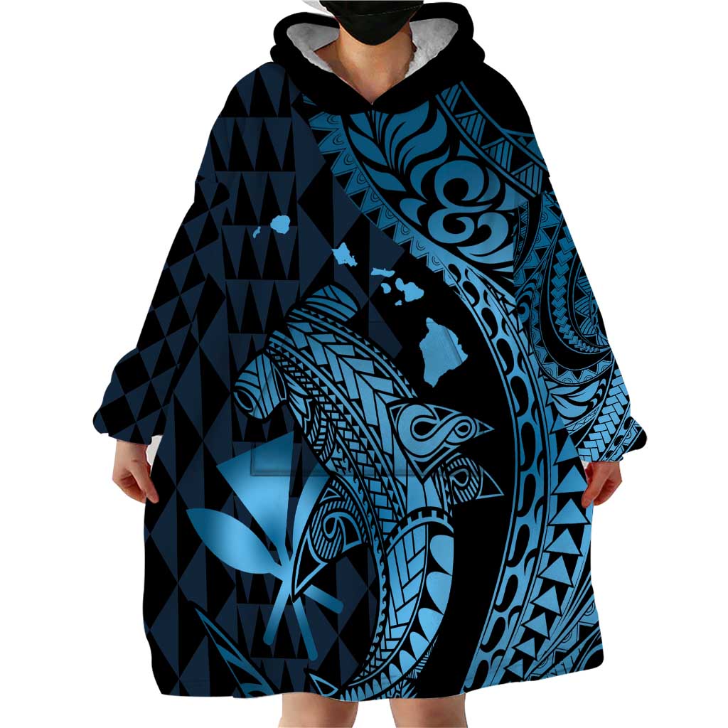 Aloha Hawaii Hammerhead Shark Wearable Blanket Hoodie Blue Kakau and Polynesian Tattoo LT03 - Polynesian Pride