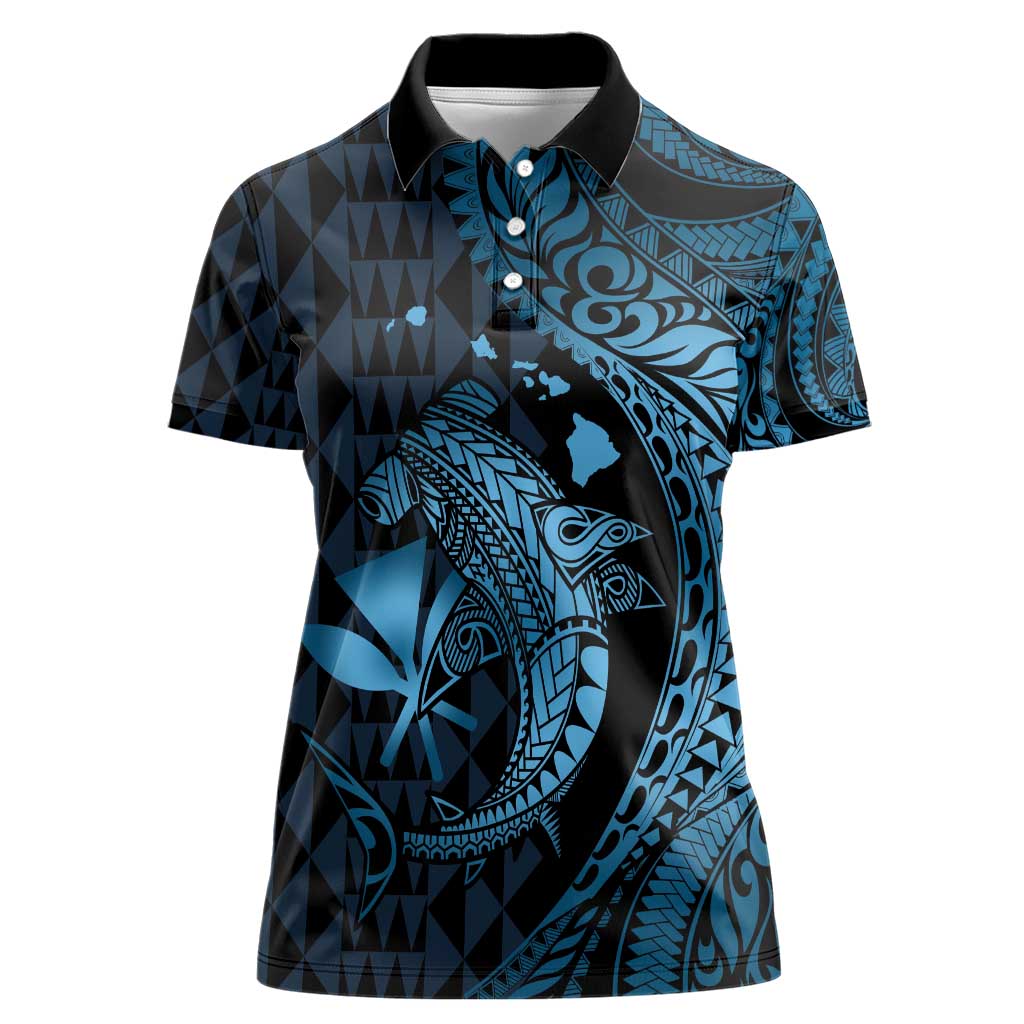 Aloha Hawaii Hammerhead Shark Women Polo Shirt Blue Kakau and Polynesian Tattoo LT03