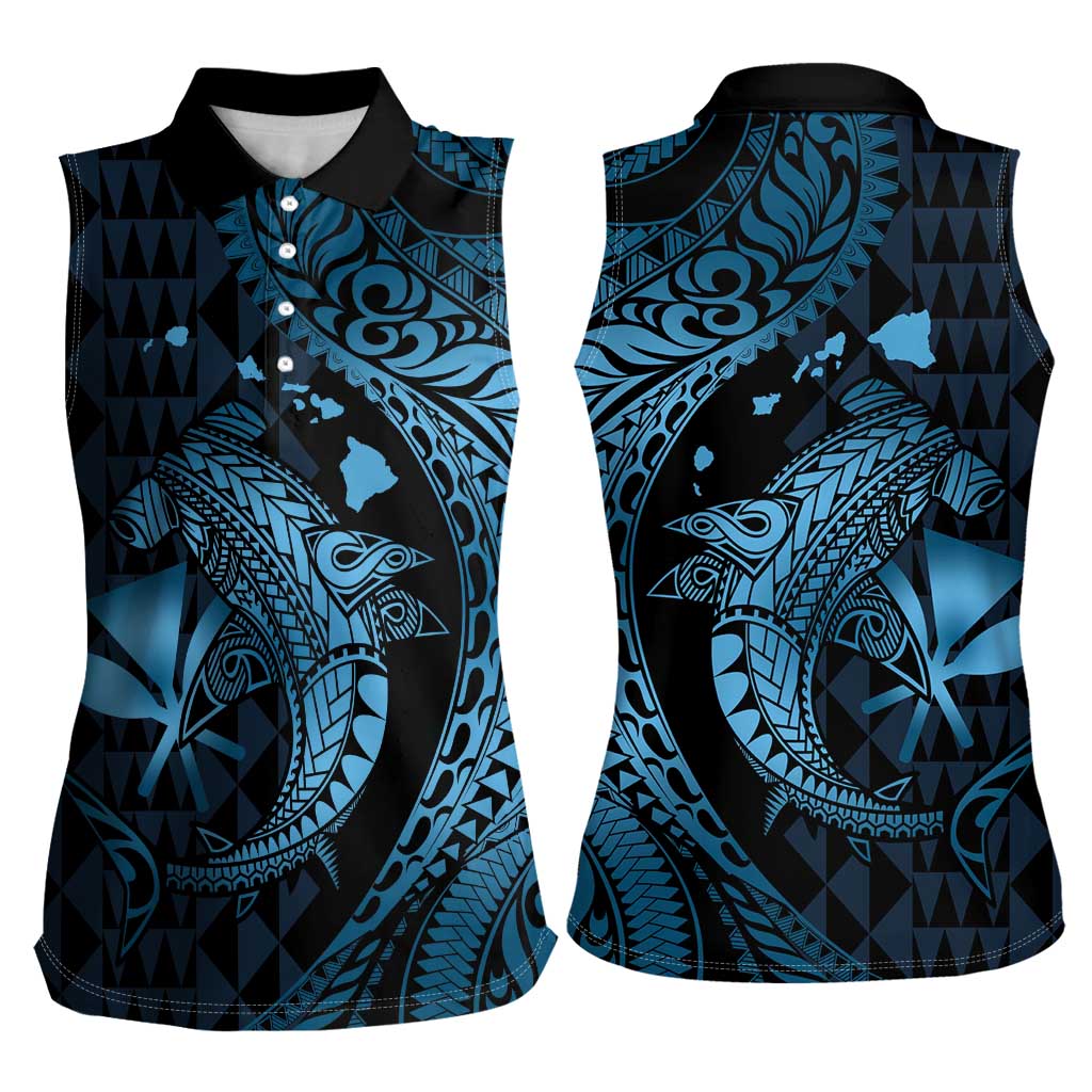 Aloha Hawaii Hammerhead Shark Women Sleeveless Polo Shirt Blue Kakau and Polynesian Tattoo LT03