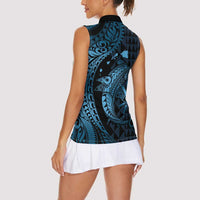 Aloha Hawaii Hammerhead Shark Women Sleeveless Polo Shirt Blue Kakau and Polynesian Tattoo LT03