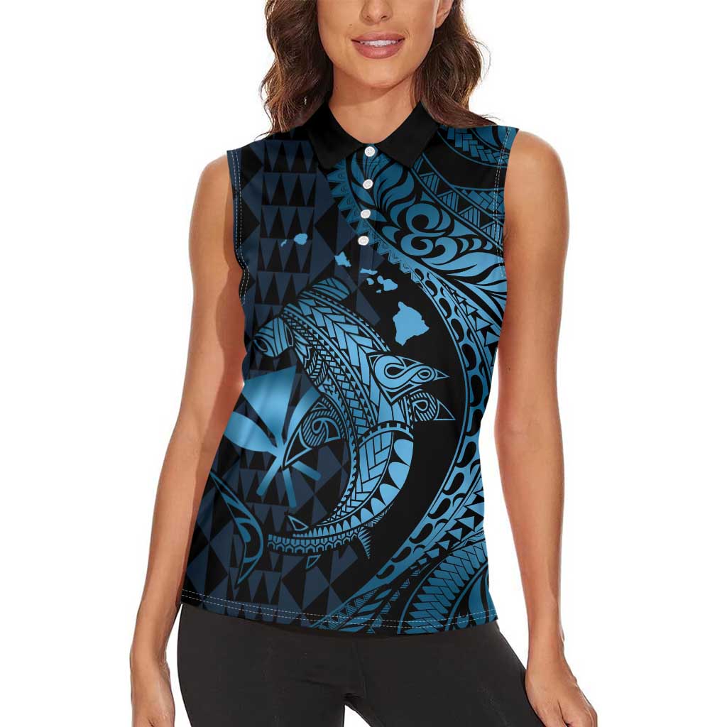Aloha Hawaii Hammerhead Shark Women Sleeveless Polo Shirt Blue Kakau and Polynesian Tattoo LT03