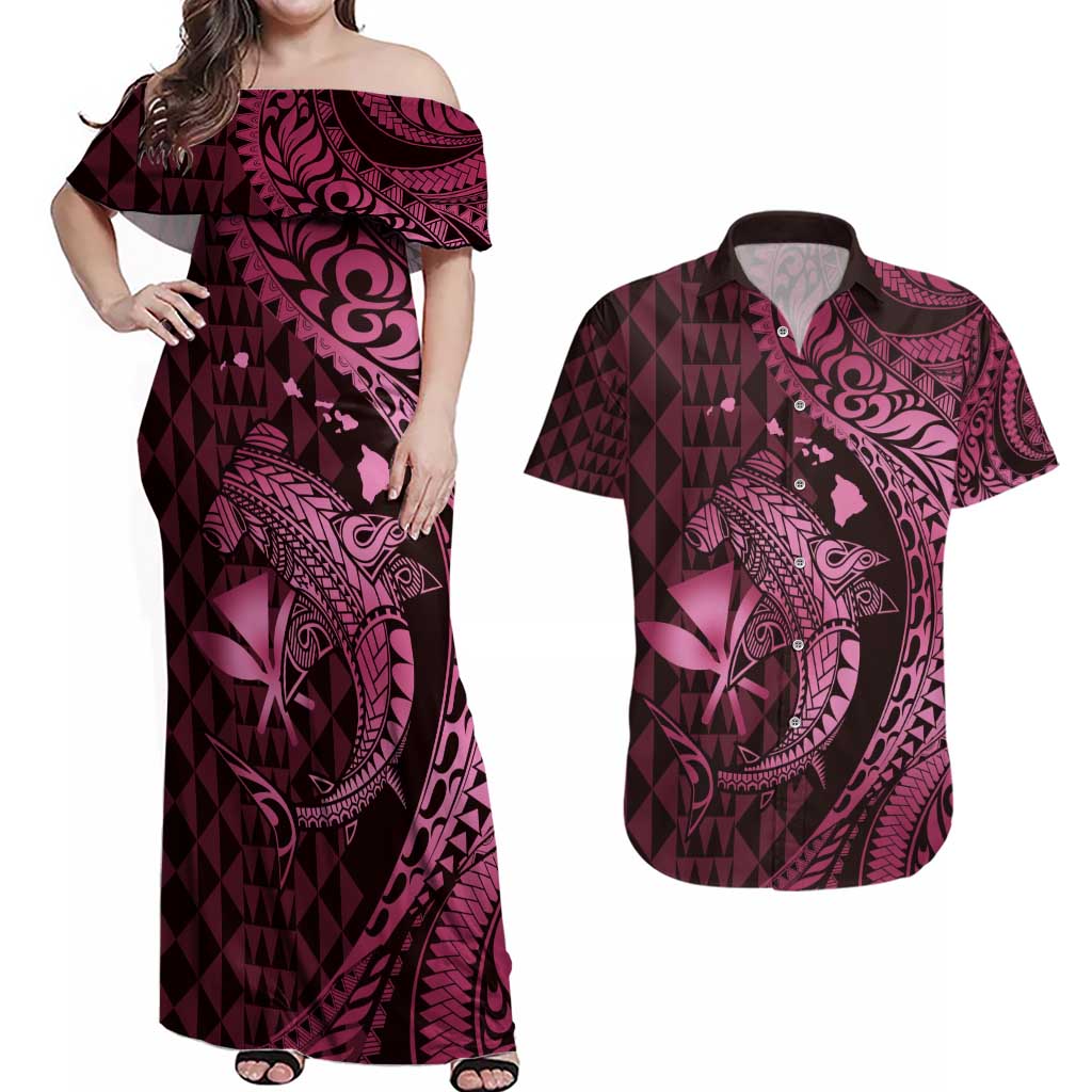 Aloha Hawaii Hammerhead Shark Couples Matching Off Shoulder Maxi Dress and Hawaiian Shirt Pink Kakau and Polynesian Tattoo LT03