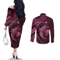 Aloha Hawaii Hammerhead Shark Couples Matching Off The Shoulder Long Sleeve Dress and Long Sleeve Button Shirt Pink Kakau and Polynesian Tattoo LT03