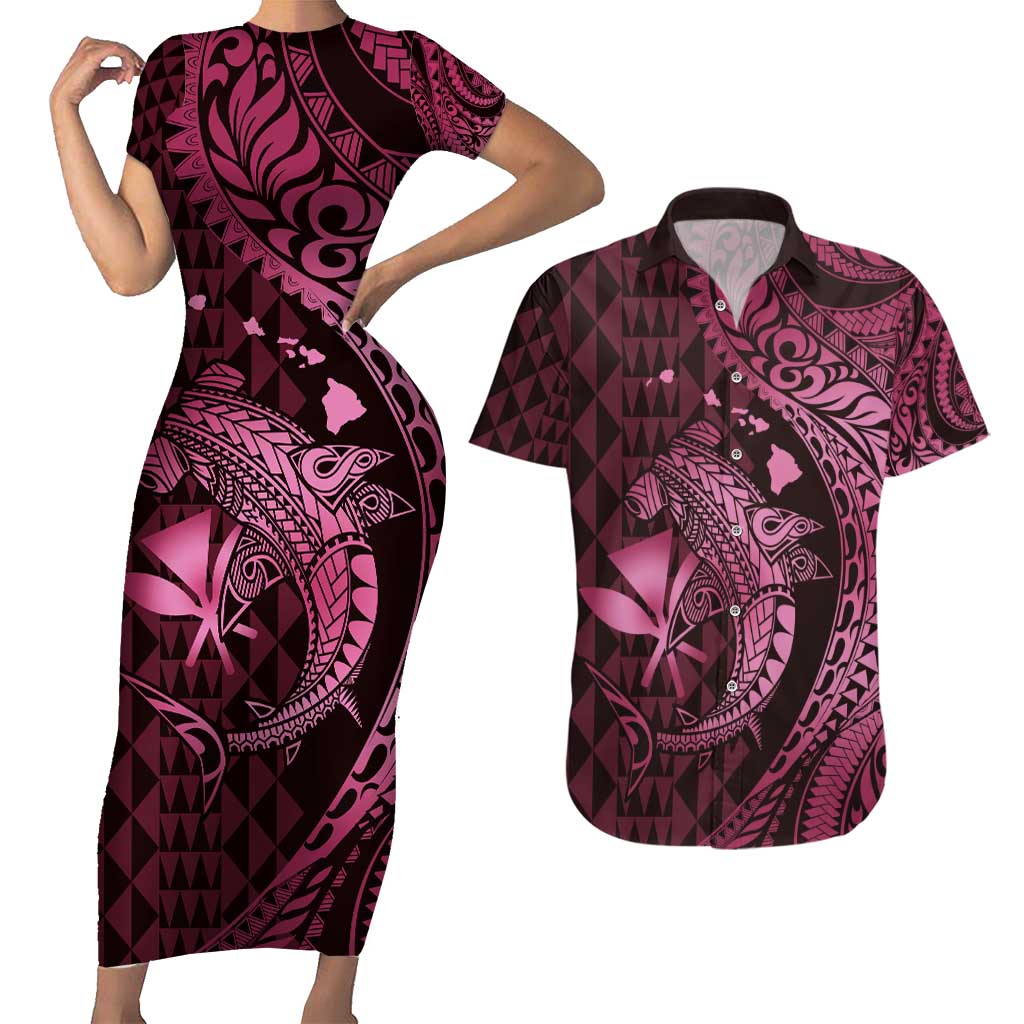 Aloha Hawaii Hammerhead Shark Couples Matching Short Sleeve Bodycon Dress and Hawaiian Shirt Pink Kakau and Polynesian Tattoo LT03 Pink - Polynesian Pride