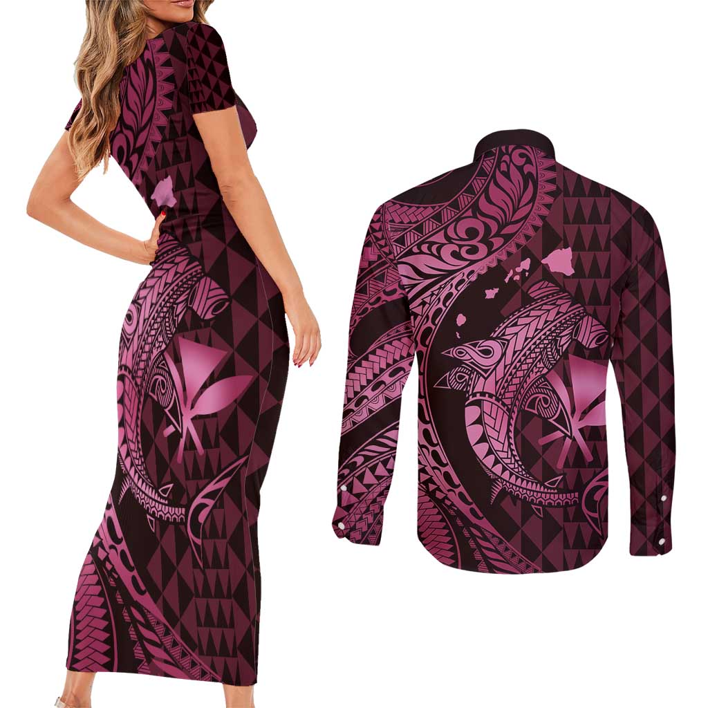 Aloha Hawaii Hammerhead Shark Couples Matching Short Sleeve Bodycon Dress and Long Sleeve Button Shirt Pink Kakau and Polynesian Tattoo LT03