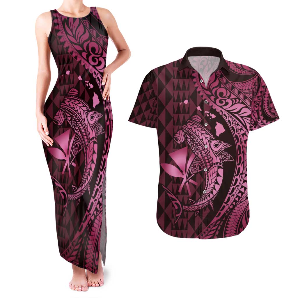 Aloha Hawaii Hammerhead Shark Couples Matching Tank Maxi Dress and Hawaiian Shirt Pink Kakau and Polynesian Tattoo LT03 Pink - Polynesian Pride