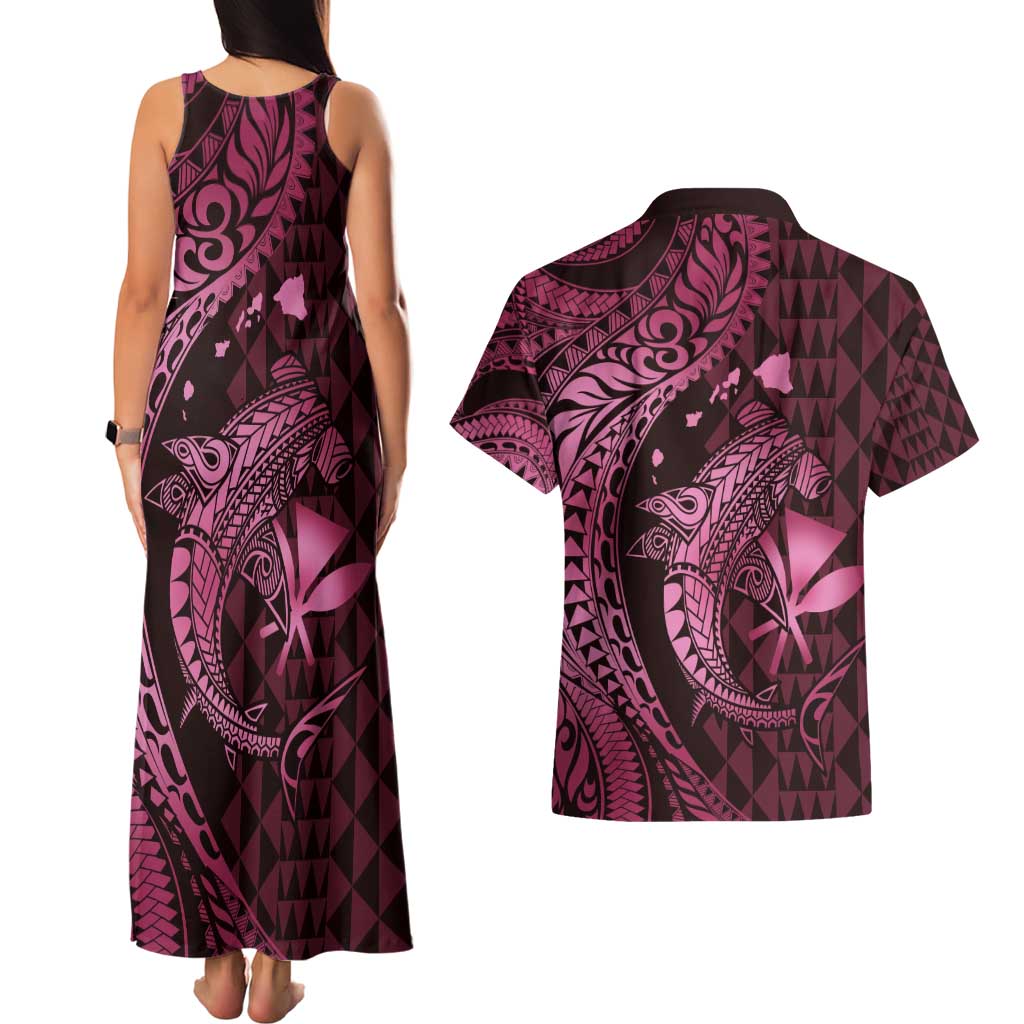 Aloha Hawaii Hammerhead Shark Couples Matching Tank Maxi Dress and Hawaiian Shirt Pink Kakau and Polynesian Tattoo LT03
