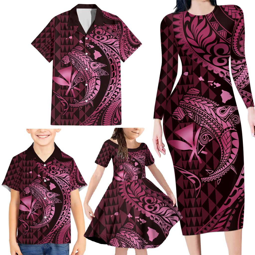 Aloha Hawaii Hammerhead Shark Family Matching Long Sleeve Bodycon Dress and Hawaiian Shirt Pink Kakau and Polynesian Tattoo LT03