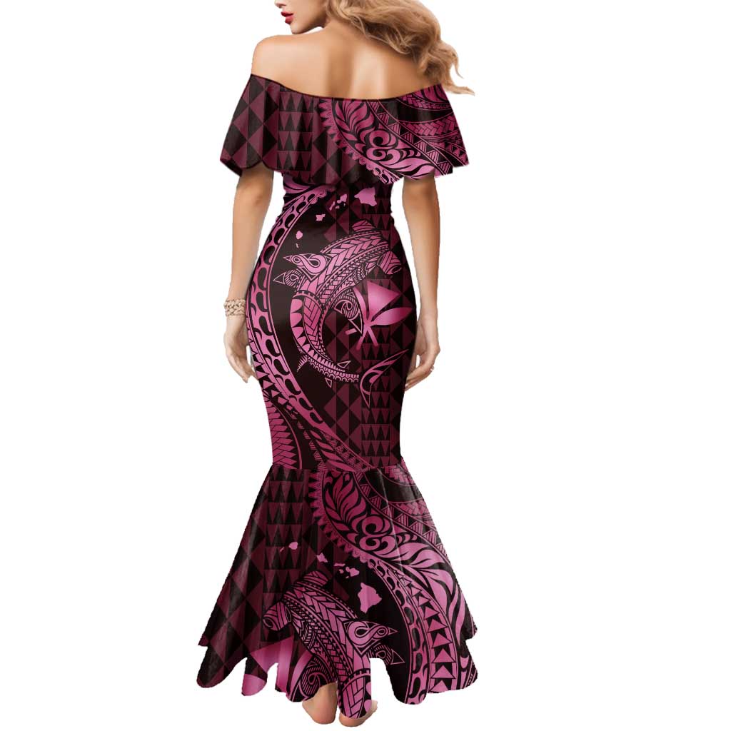 Aloha Hawaii Hammerhead Shark Family Matching Mermaid Dress and Hawaiian Shirt Pink Kakau and Polynesian Tattoo LT03