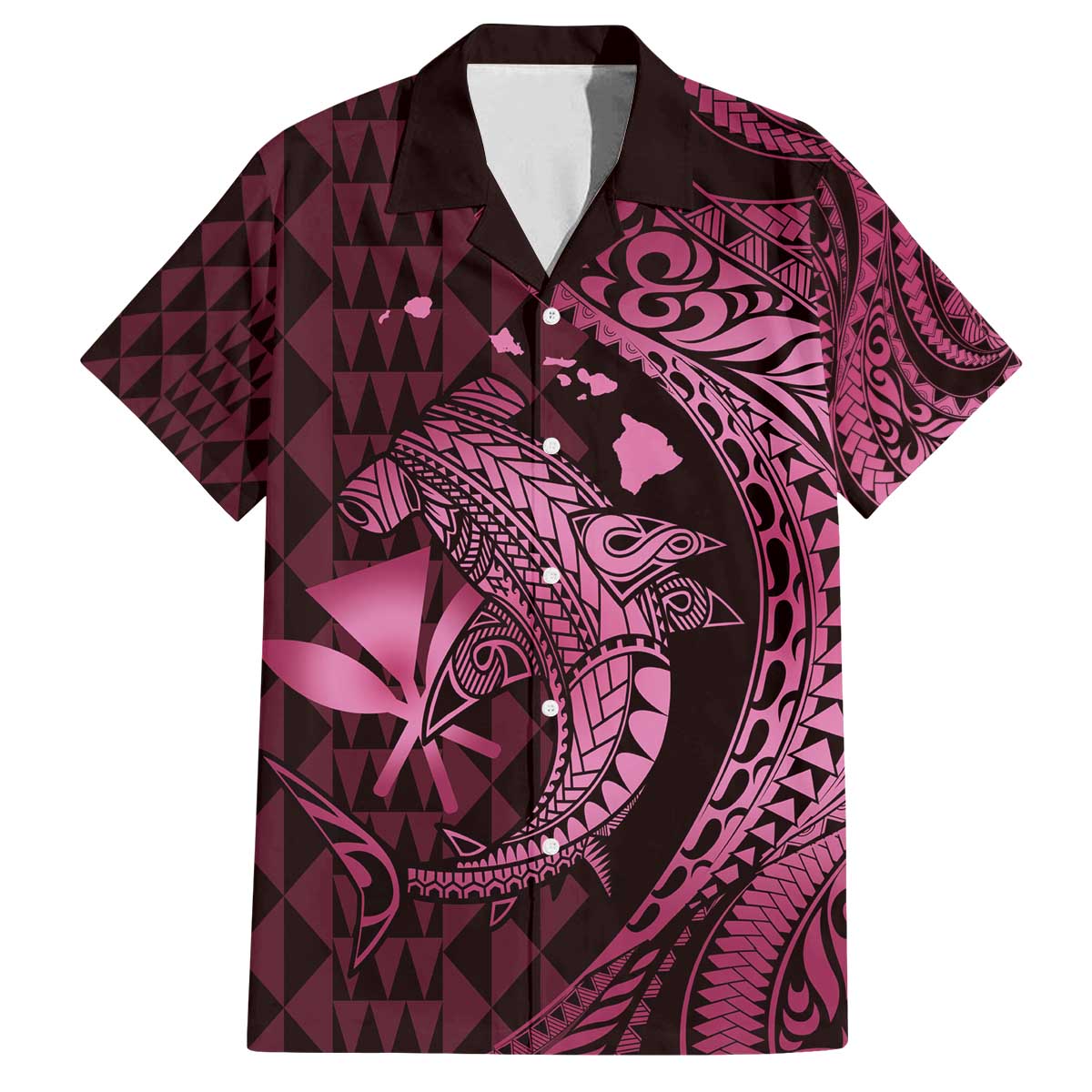 Aloha Hawaii Hammerhead Shark Family Matching Off Shoulder Short Dress and Hawaiian Shirt Pink Kakau and Polynesian Tattoo LT03
