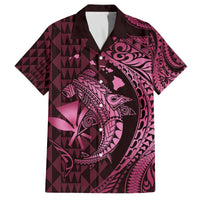 Aloha Hawaii Hammerhead Shark Family Matching Off Shoulder Short Dress and Hawaiian Shirt Pink Kakau and Polynesian Tattoo LT03