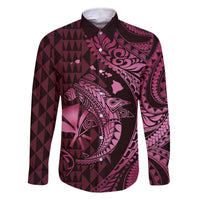 Aloha Hawaii Hammerhead Shark Family Matching Off Shoulder Short Dress and Hawaiian Shirt Pink Kakau and Polynesian Tattoo LT03