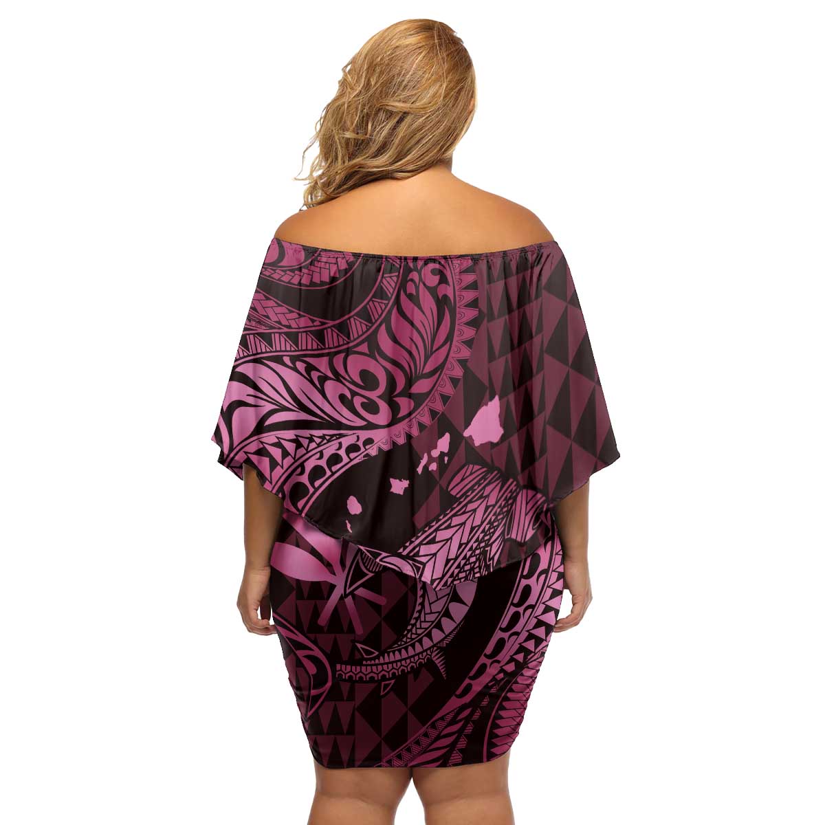 Aloha Hawaii Hammerhead Shark Family Matching Off Shoulder Short Dress and Hawaiian Shirt Pink Kakau and Polynesian Tattoo LT03