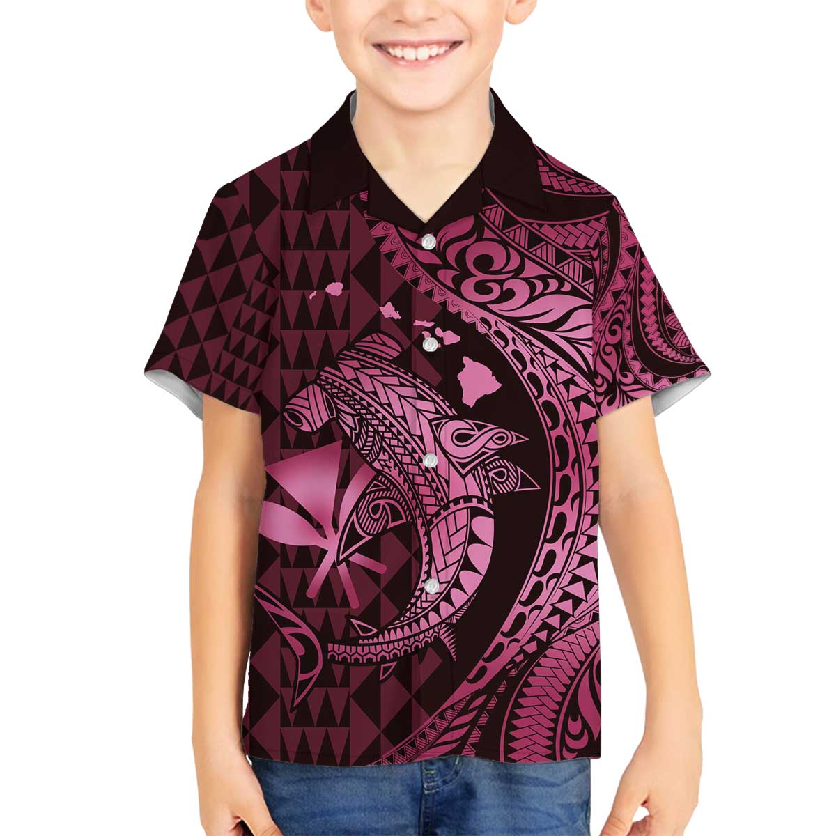 Aloha Hawaii Hammerhead Shark Family Matching Off Shoulder Short Dress and Hawaiian Shirt Pink Kakau and Polynesian Tattoo LT03