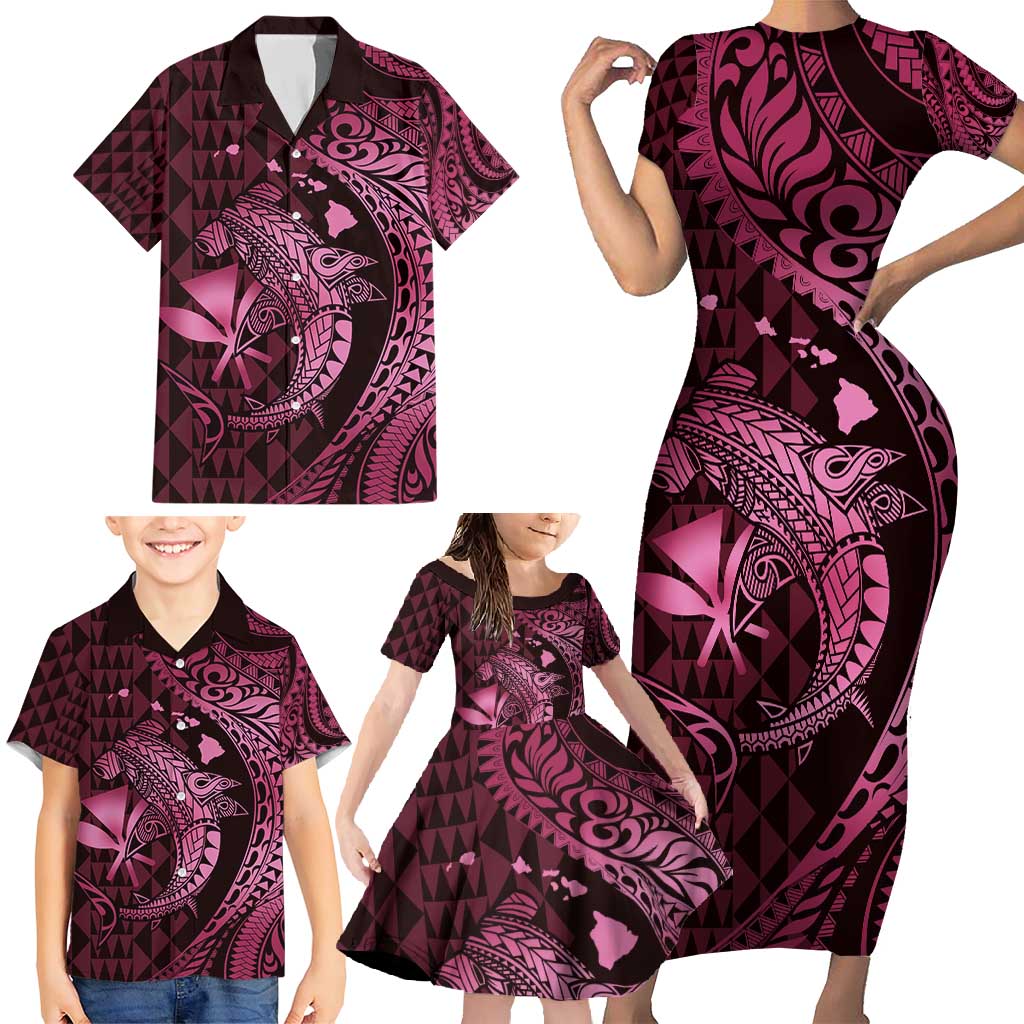 Aloha Hawaii Hammerhead Shark Family Matching Short Sleeve Bodycon Dress and Hawaiian Shirt Pink Kakau and Polynesian Tattoo LT03