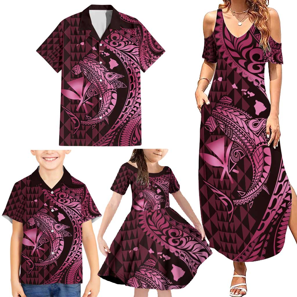 Aloha Hawaii Hammerhead Shark Family Matching Summer Maxi Dress and Hawaiian Shirt Pink Kakau and Polynesian Tattoo LT03