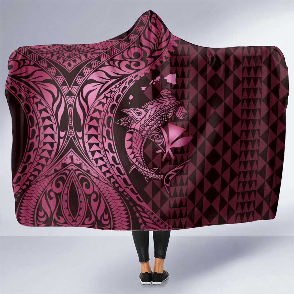 Aloha Hawaii Hammerhead Shark Hooded Blanket Pink Kakau and Polynesian Tattoo LT03