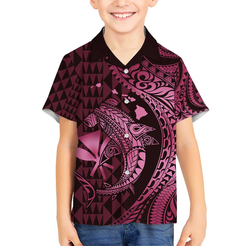 Aloha Hawaii Hammerhead Shark Kid Hawaiian Shirt Pink Kakau and Polynesian Tattoo LT03