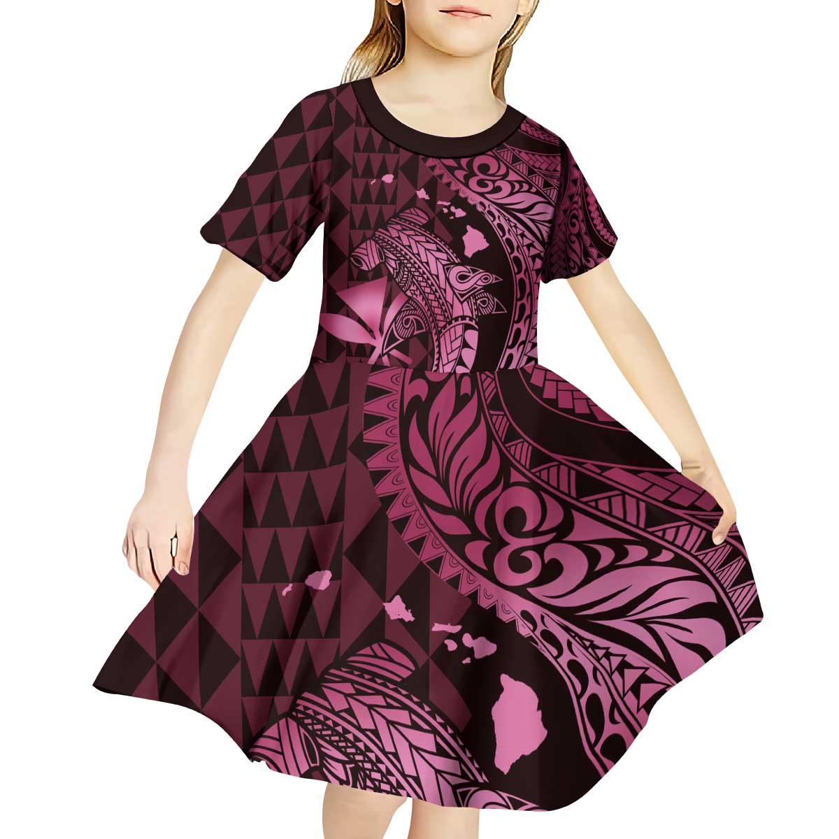 Aloha Hawaii Hammerhead Shark Kid Short Sleeve Dress Pink Kakau and Polynesian Tattoo LT03