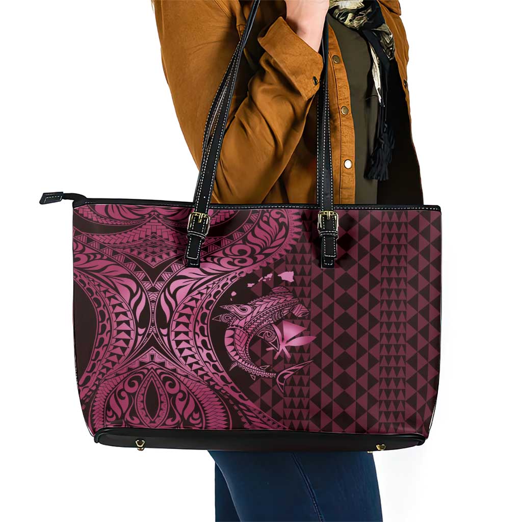 Aloha Hawaii Hammerhead Shark Leather Tote Bag Pink Kakau and Polynesian Tattoo LT03 - Polynesian Pride