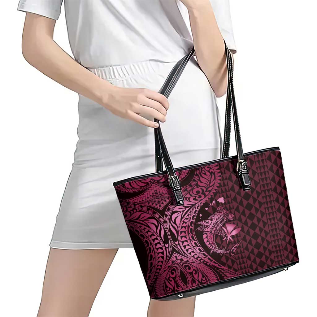 Aloha Hawaii Hammerhead Shark Leather Tote Bag Pink Kakau and Polynesian Tattoo LT03 - Polynesian Pride