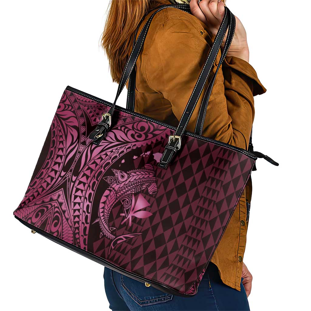 Aloha Hawaii Hammerhead Shark Leather Tote Bag Pink Kakau and Polynesian Tattoo LT03 - Polynesian Pride