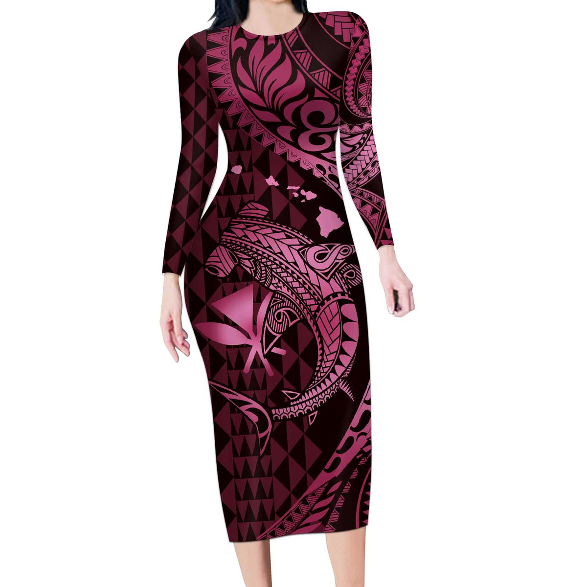 Aloha Hawaii Hammerhead Shark Long Sleeve Bodycon Dress Pink Kakau and Polynesian Tattoo LT03