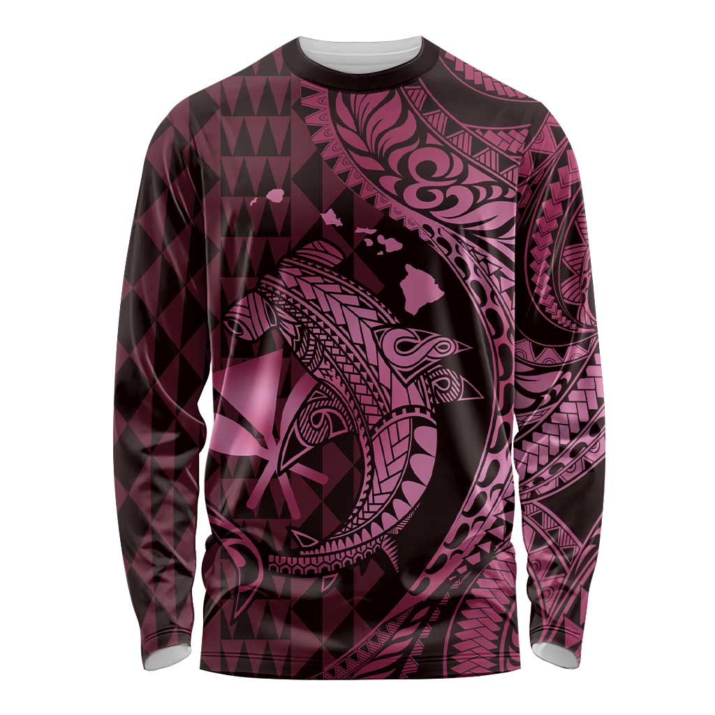 Aloha Hawaii Hammerhead Shark Long Sleeve Shirt Pink Kakau and Polynesian Tattoo LT03