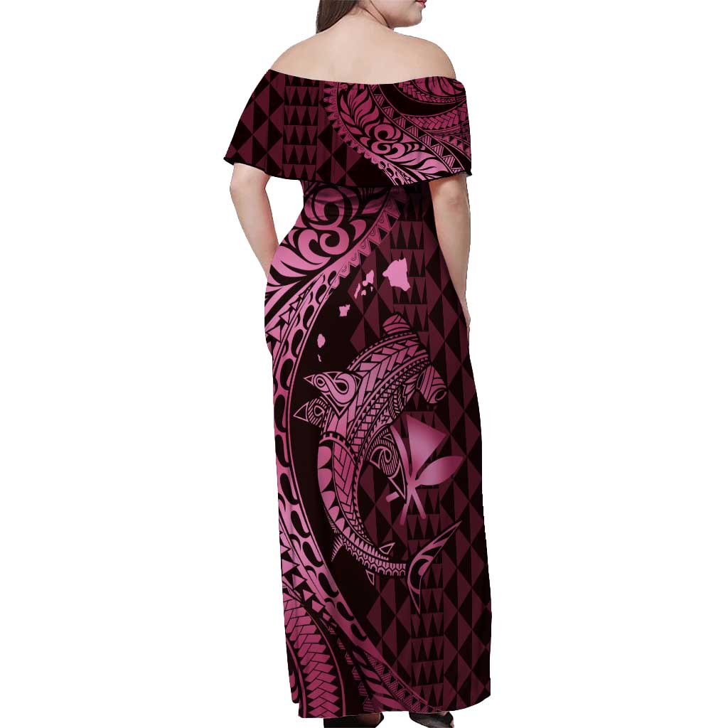 Aloha Hawaii Hammerhead Shark Off Shoulder Maxi Dress Pink Kakau and Polynesian Tattoo LT03