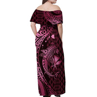 Aloha Hawaii Hammerhead Shark Off Shoulder Maxi Dress Pink Kakau and Polynesian Tattoo LT03