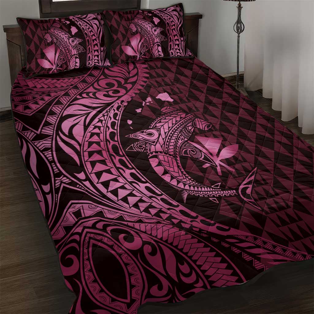 Aloha Hawaii Hammerhead Shark Quilt Bed Set Pink Kakau and Polynesian Tattoo LT03