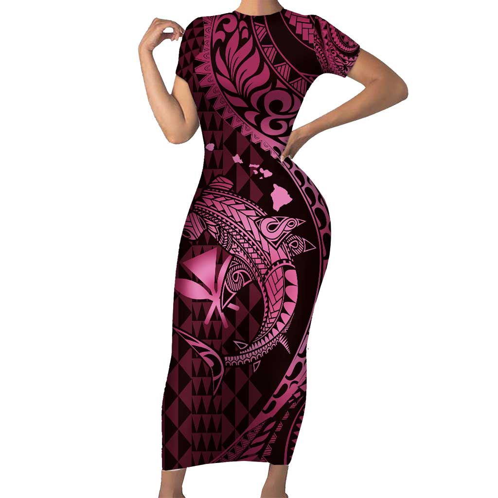 Aloha Hawaii Hammerhead Shark Short Sleeve Bodycon Dress Pink Kakau and Polynesian Tattoo LT03